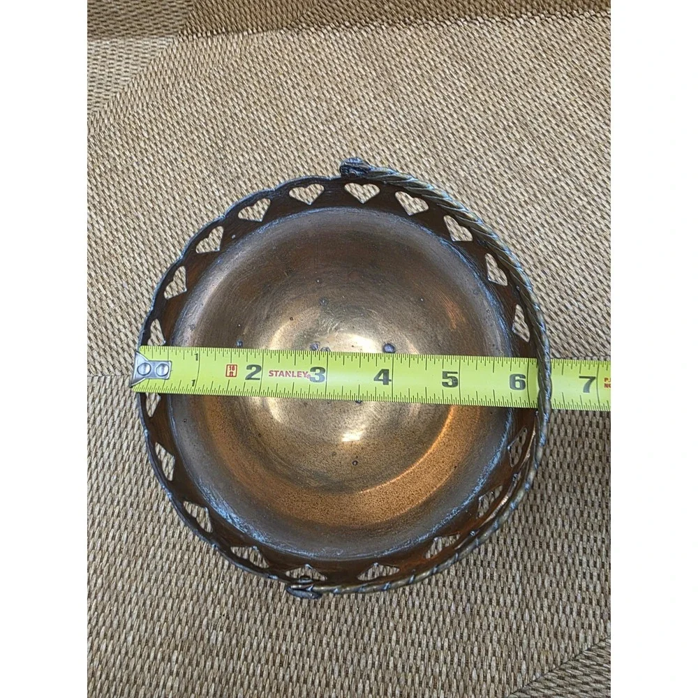 2 Vintage Brass Heart Cutout Candy Nut Bowls Set Pedestal & Handled Basket Decor